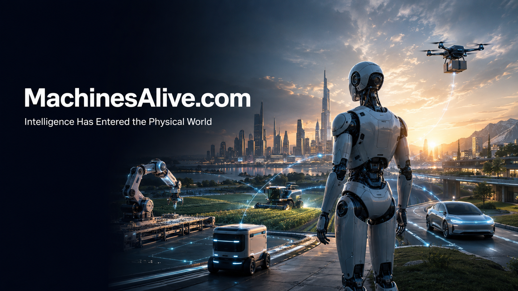 MachinesAlive.com — Intelligence Has Entered the Physical World. A humanoid robot overlooks a connected world of autonomous transportation, delivery, agriculture and industry.